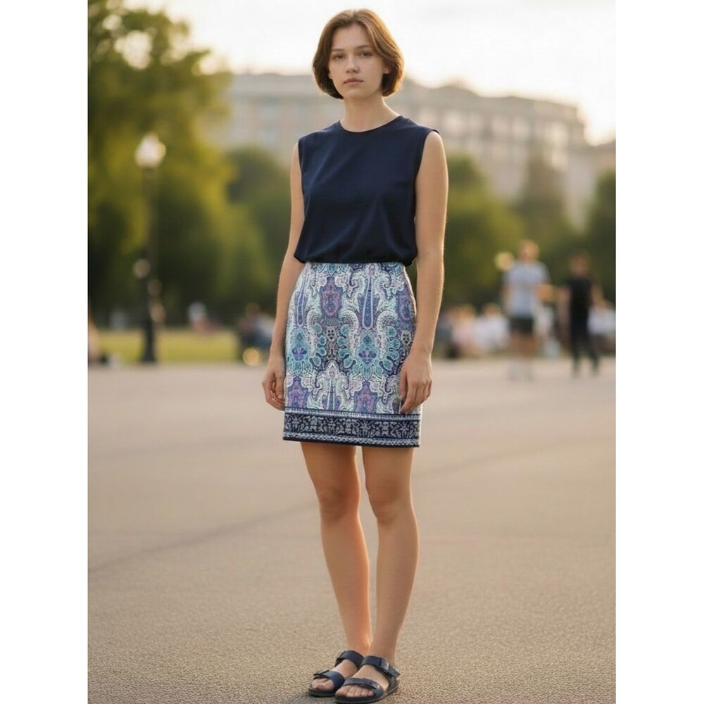 Talbots Summer Church Office A-Line Skirt Sz 12 Paisley Cotton-Blue/Lavender
